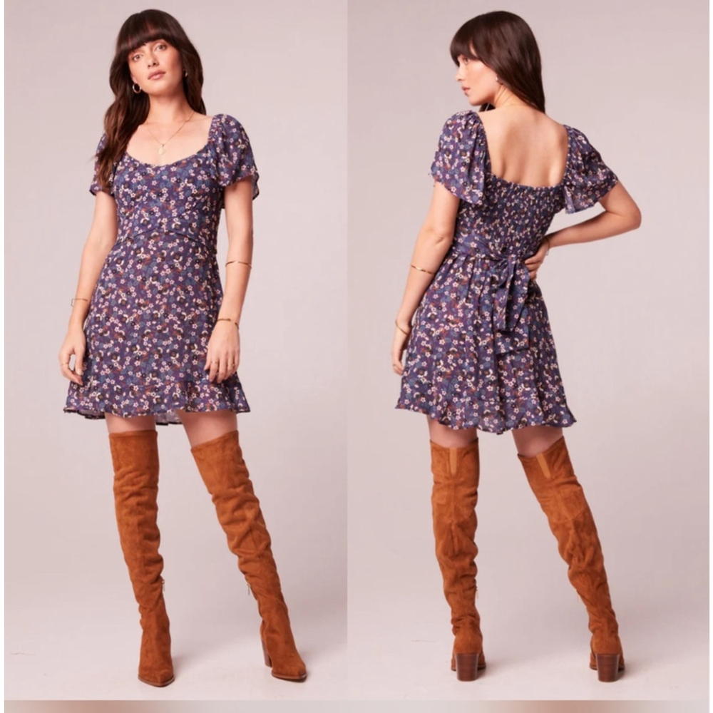 Floral Square-Neck Mini Dress in Navy